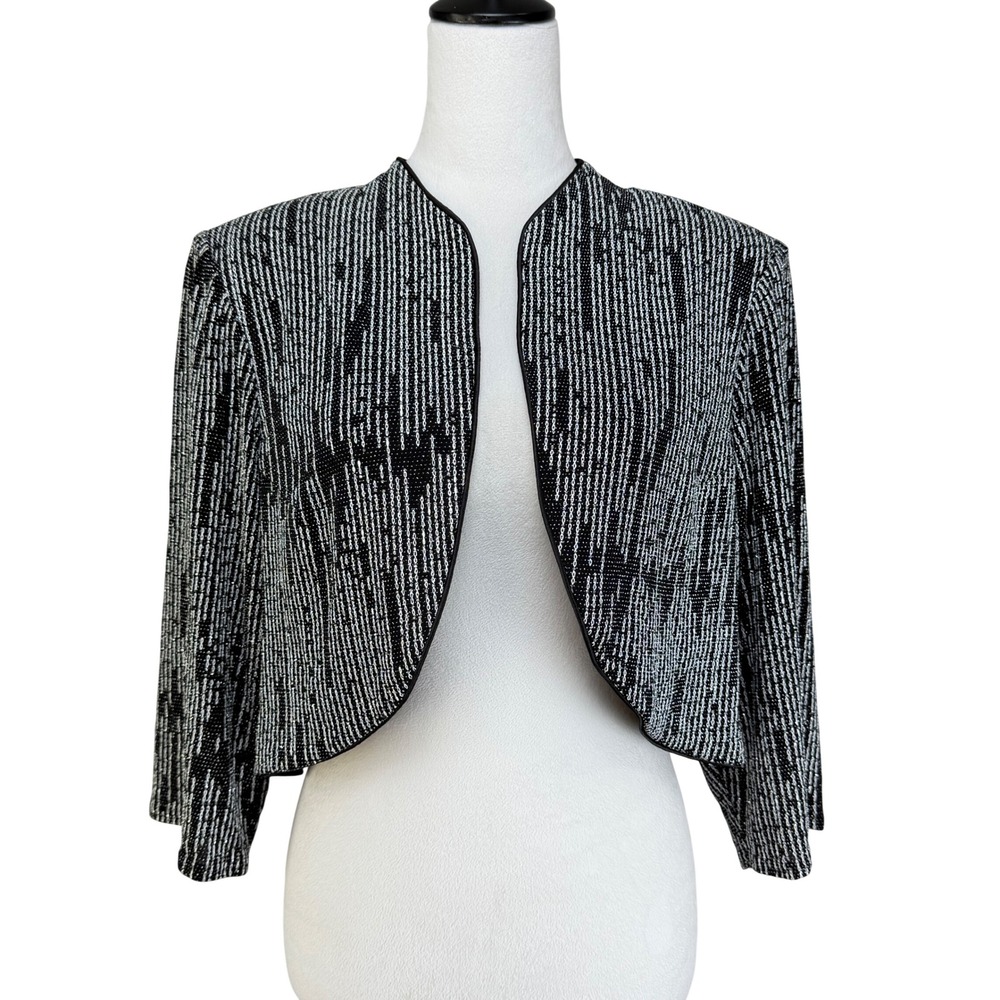R&M Richards Women Shrug 14W Black White Metallic Lurex Cropped Bolero Jacket